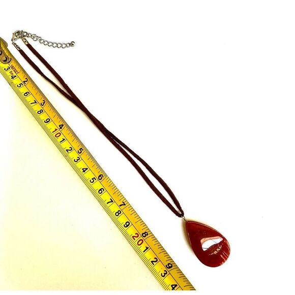 Carnelian teardrop pendant necklace on  brown cord - Picture 8 of 9